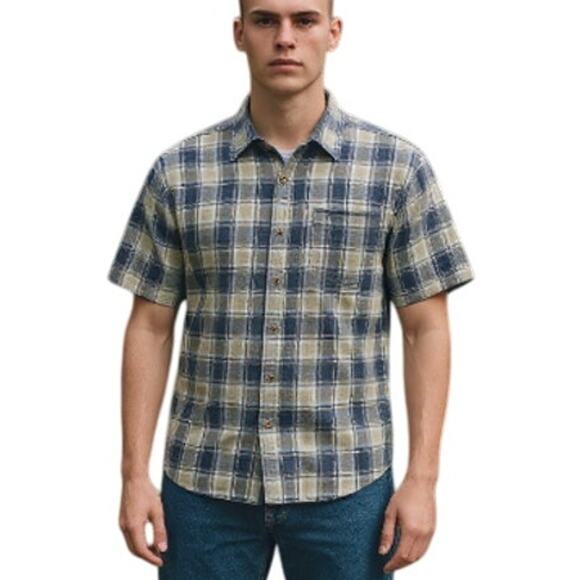 Redhead Vintage Blue Plaid Seersucker Button Front Short Sleeve Shirt Medium - Picture 1 of 9